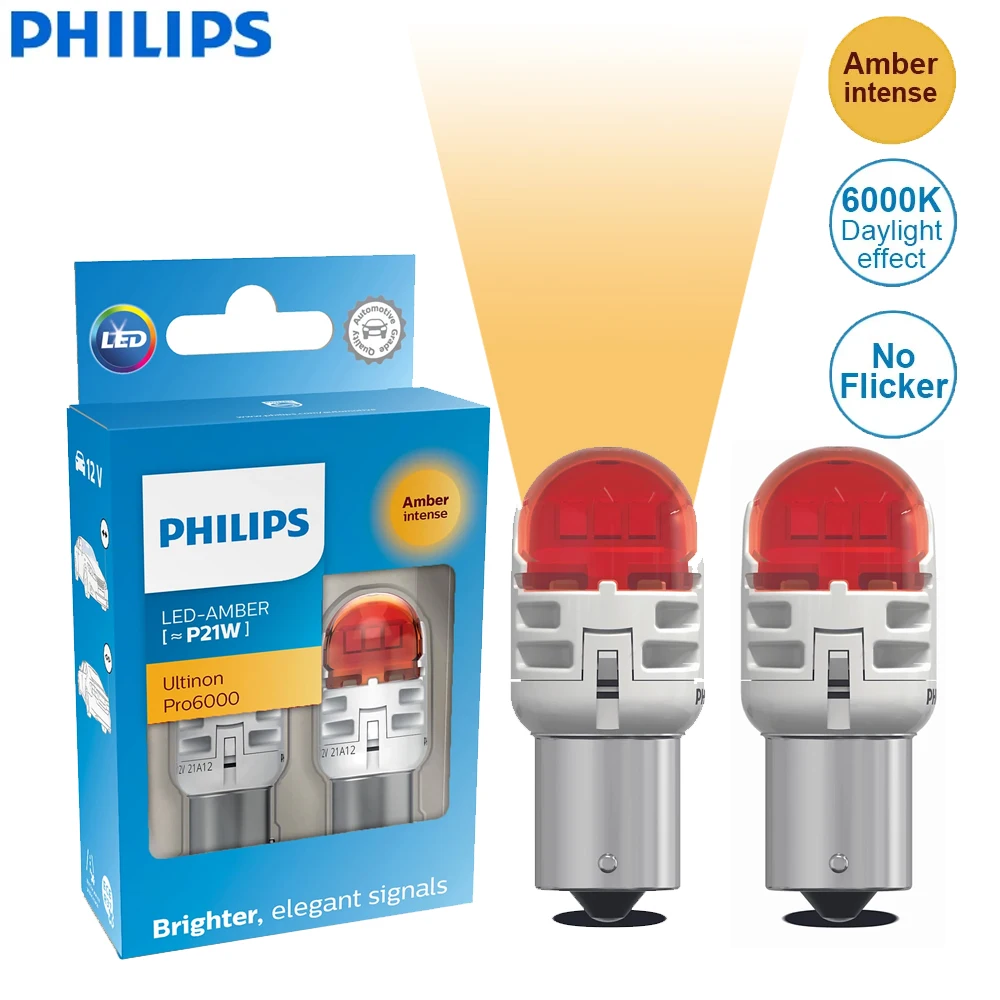 

Philips LED P21W 1156 BA15s Ultinon Pro6000 Amber Color Light Auto Turn Signal Lamps No Flash Error Free 11498AU60X2, Pair