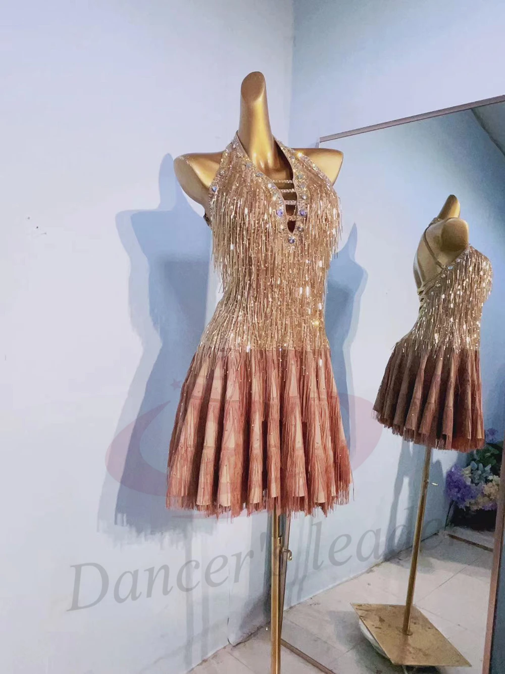 فستان راقص لاتيني للأطفال البالغين عالي الجودة مصنوع من الخرز المعدني وشرابة تانجو سامبا AB Stone Performance