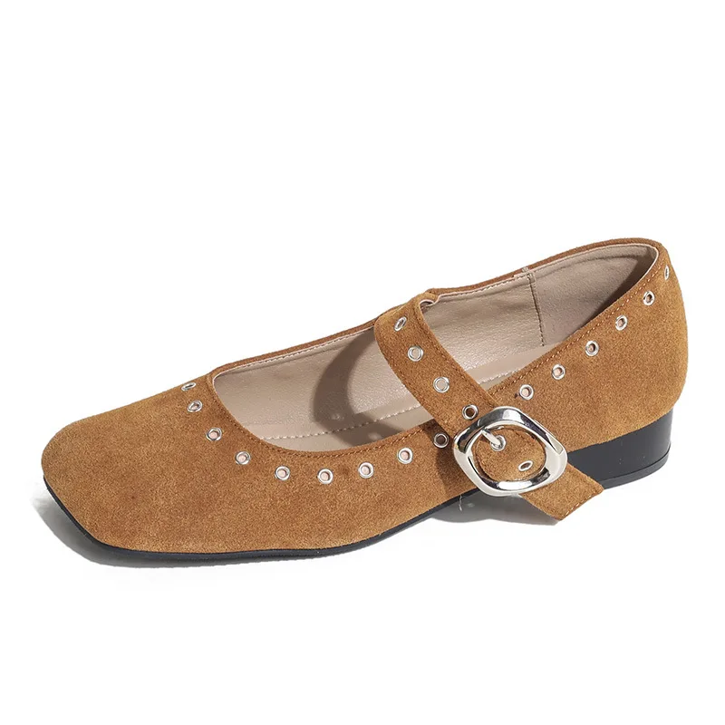 

Trendy Studded Suede Mary Jane Flats for Women Camel Square Toe Shoes with Block Heel Buckle