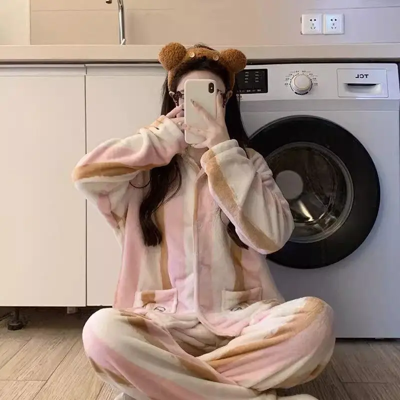 

Flannel Pajamas Women Winter New Fleece Plush Coral Fleece Set Cute Polka Dot Homewear Loungewear Cozy Warm Sleepwear