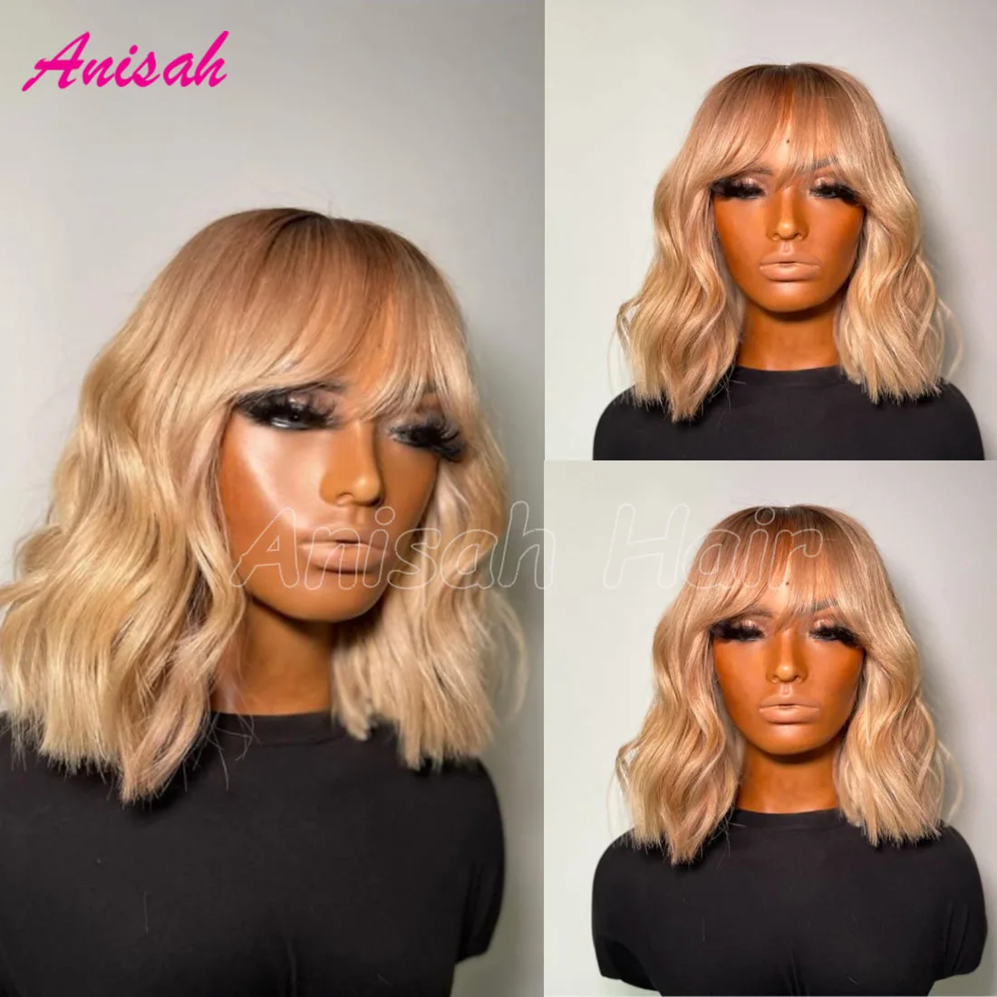 

Blonde Human Hair Wigs with Bangs for Women Short Bob 13x4 Lace Frontal Wigs Glueless Natural Wave Lace Closure Wig