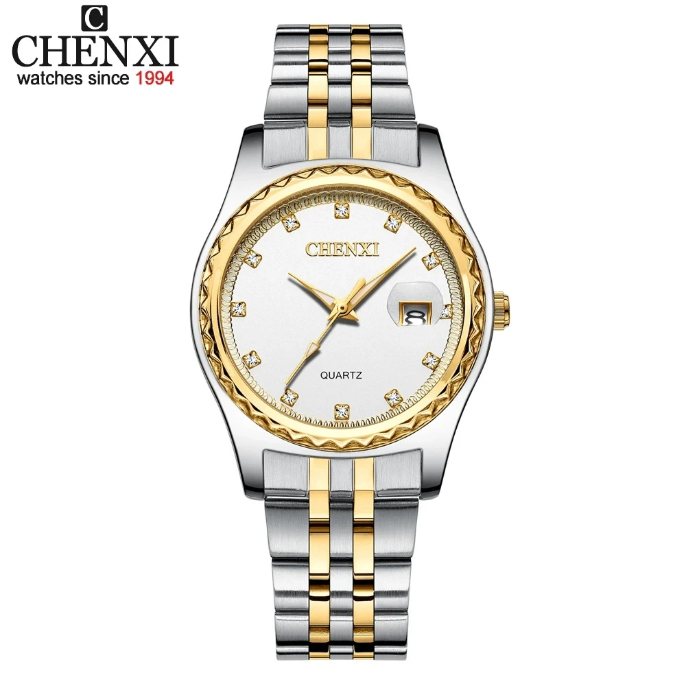 Fashion Chenxi Top Brand Men Women Watches Rhinestone Dial Luxury Couples Quartz Watch Full Stainless Steel Waterproof Calendar