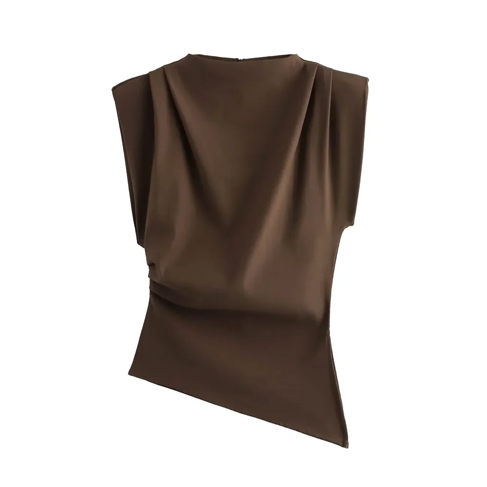 Taop&Za Autumn/Winter New Product: Stand up Collar Folded Decoration Shoulder Pads Sleeveless Asymmetric Hemline Top