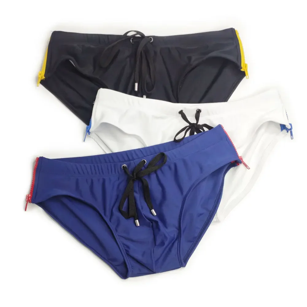 Bañador Sexy para hombre, Bikini corto con cremallera a los lados, bañador sólido, traje de baño de cintura baja con cordón, pantalones cortos para