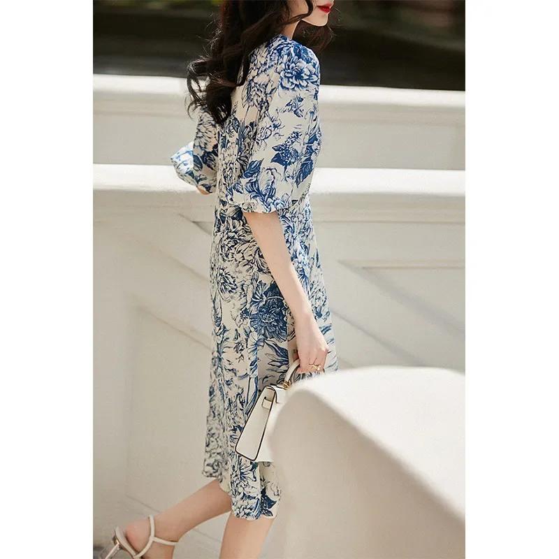 2024 New Mulberry Silk Dress Bubble Sleeve V-neck Sexy Dress Summer Dress Women Casual Elegant Dresses For Women Vestidos Zm3296