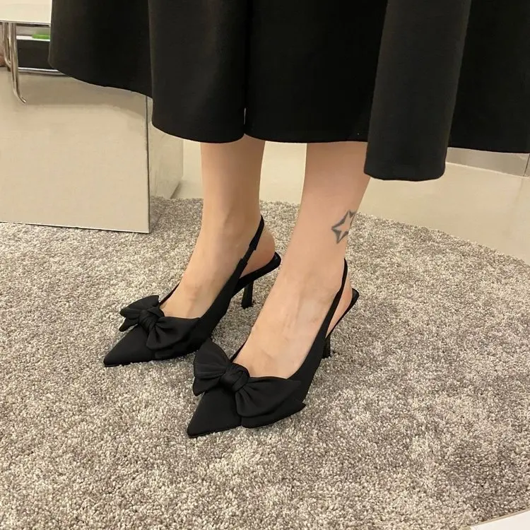 2024 Summer Brand Women Slingback Sandals Heeled Shoes Fashion Bow-knot Pointed Toe Slip on Ladies Elegant Dress Pumps Shoes