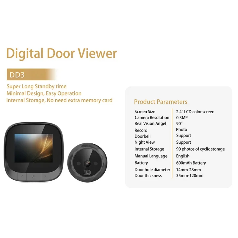 2.4 Inch Digital Peephole Door Bell 90 Degree Wide Angle Night Vision Viewer Camera HD Display Screen House Security Doorbell