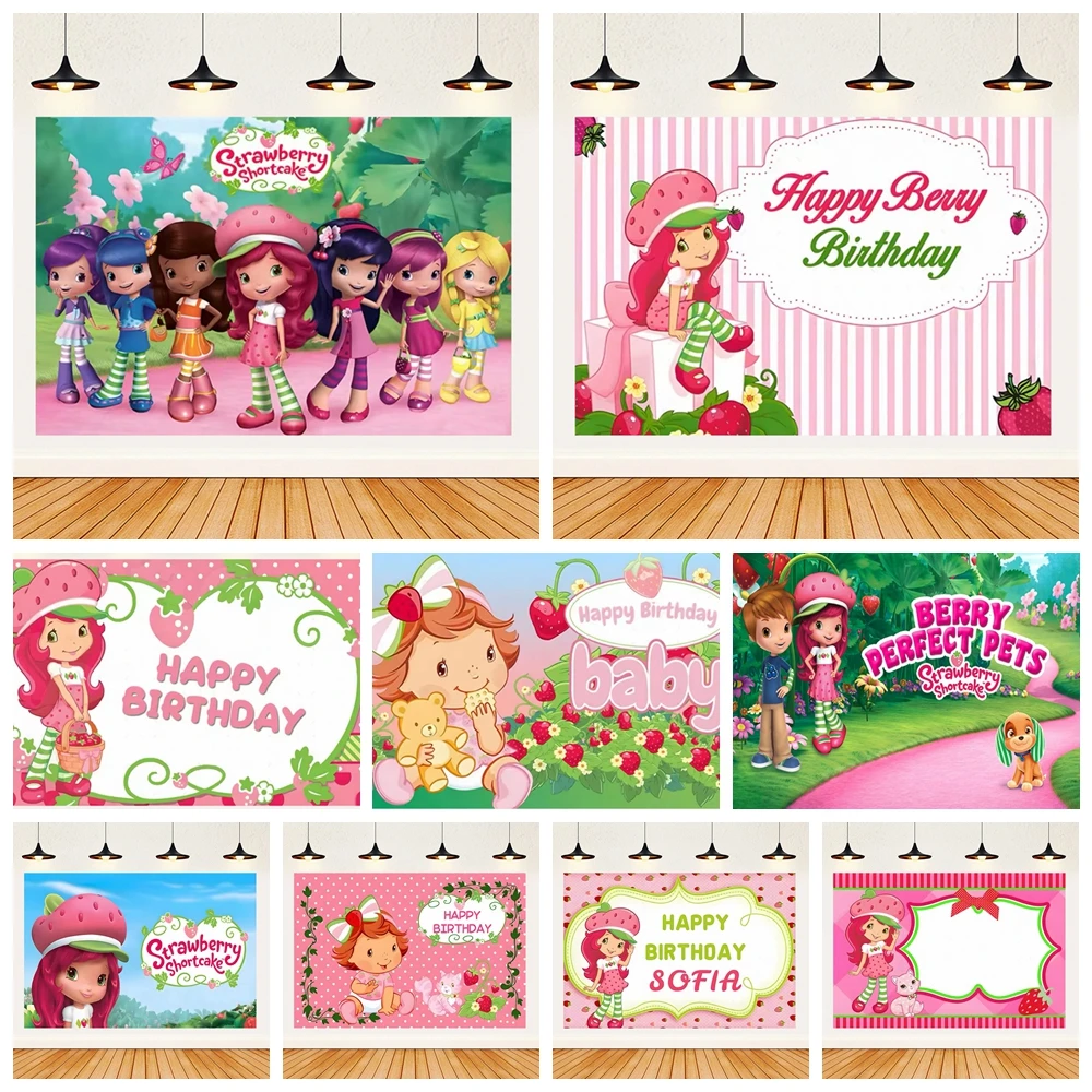 

Cartoon Pink Strawberry Girl 1st Birthday Party Custom Backdrop Photo Booth Garland Baby Shower Decoration Gifts Photo Props