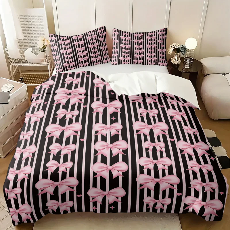 Coquette Pink Bow Black Striped Duvet Cover Set Cute Girly Heart Star Print Bedding Soft Comforter Cover Aesthetic Bedroom Decor