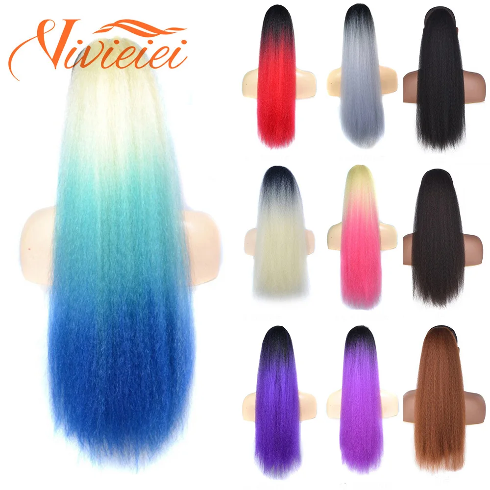 Long Ponytail Extension Yaki Straight Fake Hair Ponytail Black Blonde Pink Purple Synthetic Hairpiece Wrap On Clip Hair