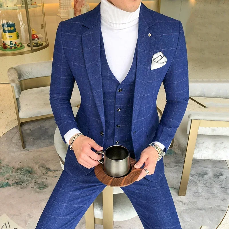 Luxury Men Dress Suits British 3Piece Set Men Wedding Suit New 2020 Fall Mens Business Formal Plaid Suit Men Slim Fit Dress Suit