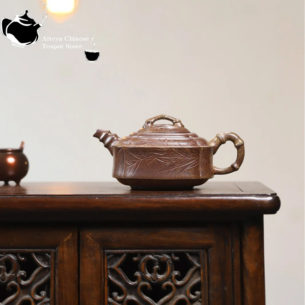 Yixing handmade purple clay teapot, original ore, agarwood mud, wood fired bamboo, square shaped tea set, teapot