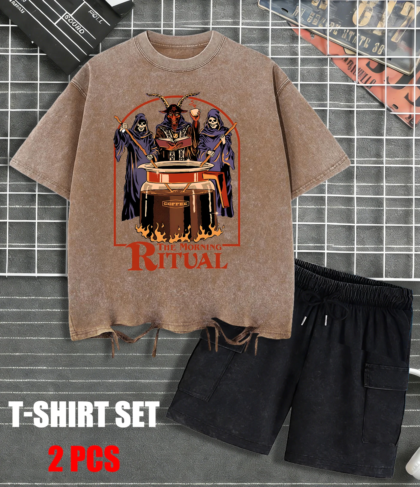 

Мужские футболки и шорты в стиле ретро «The People Are Brewing A Magic Potion», модный комплект из хлопка, с эффектом потертости и дырками, унисекс, свободный крой