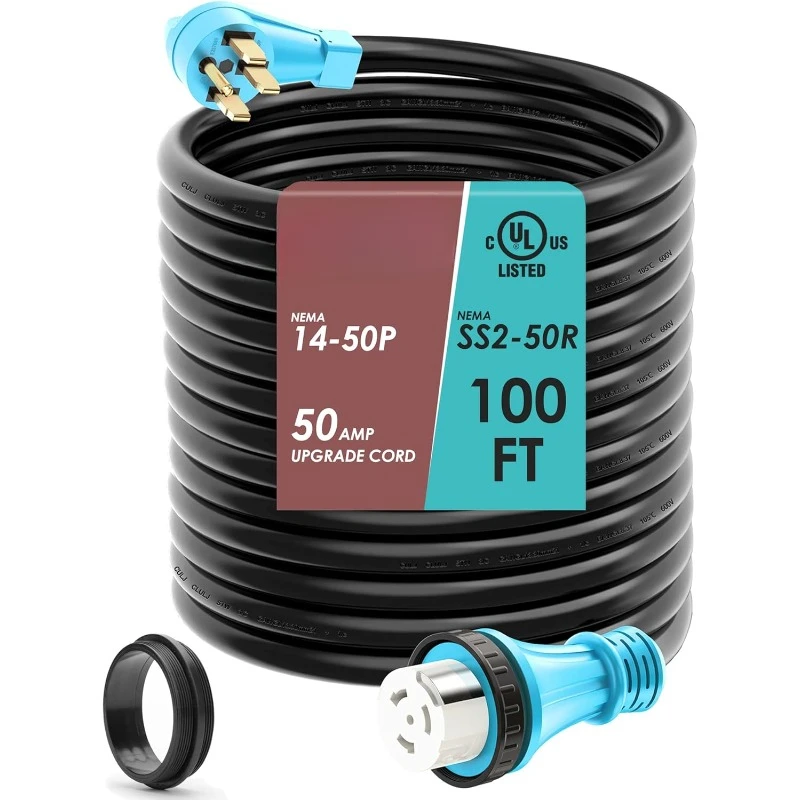 UL Listed 50 Amp 100 Feet RV/Generato  14-50P Male and SS2-50R Twist Locking Female for RV Camper and Generator to House