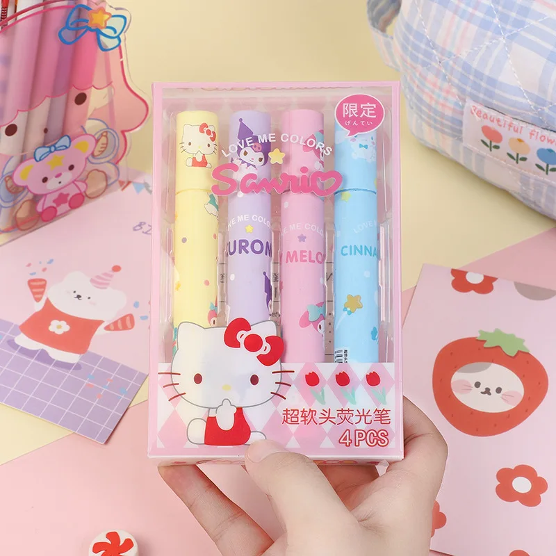 6 Pcs Sanrio Fluorescent Pen Kawaii Anime Marker Pen Cute Kuromi Hello Kitty Creative Stationery Originality Children Gifts