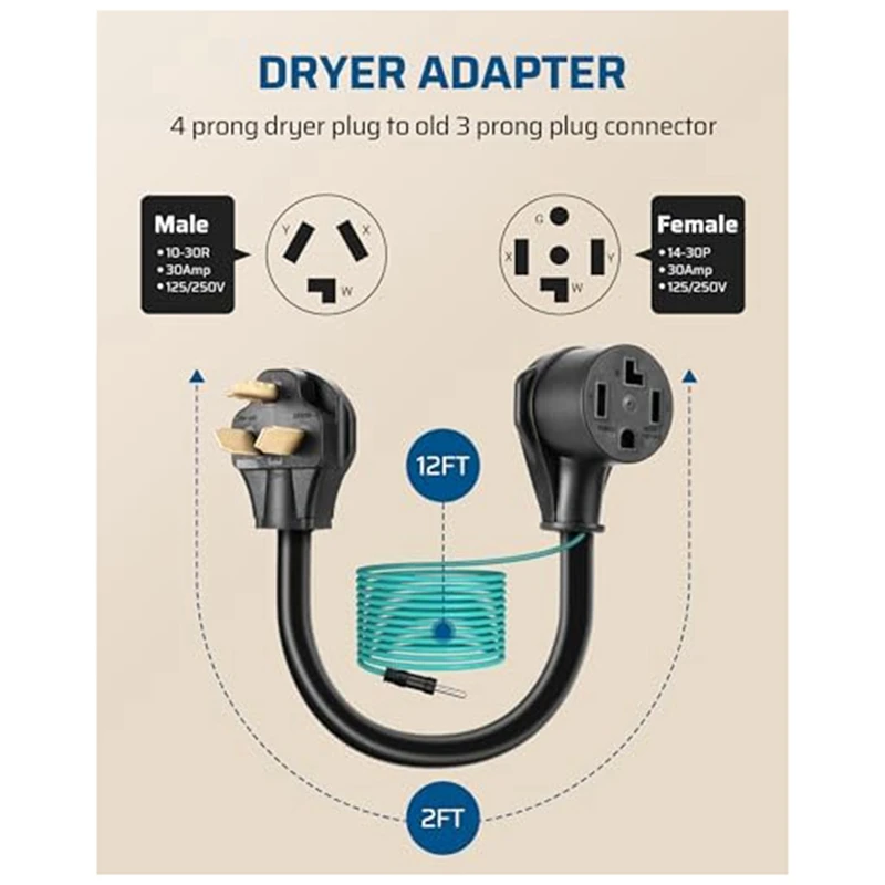 Adaptador de plugue para casa velha, Fio conector US Plug, 10-30P Plug para 14-30R Receptáculo, Secador 4P para 3P, 10AWG, 10AWG