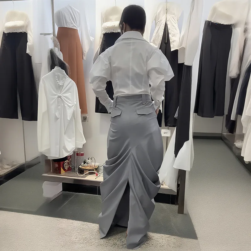[EWQ] Elegant High Waist A-line All-match Clothing Minimalist Office Women's Fold Skirt Bottom Slit Design Skirts 2025 Autumn