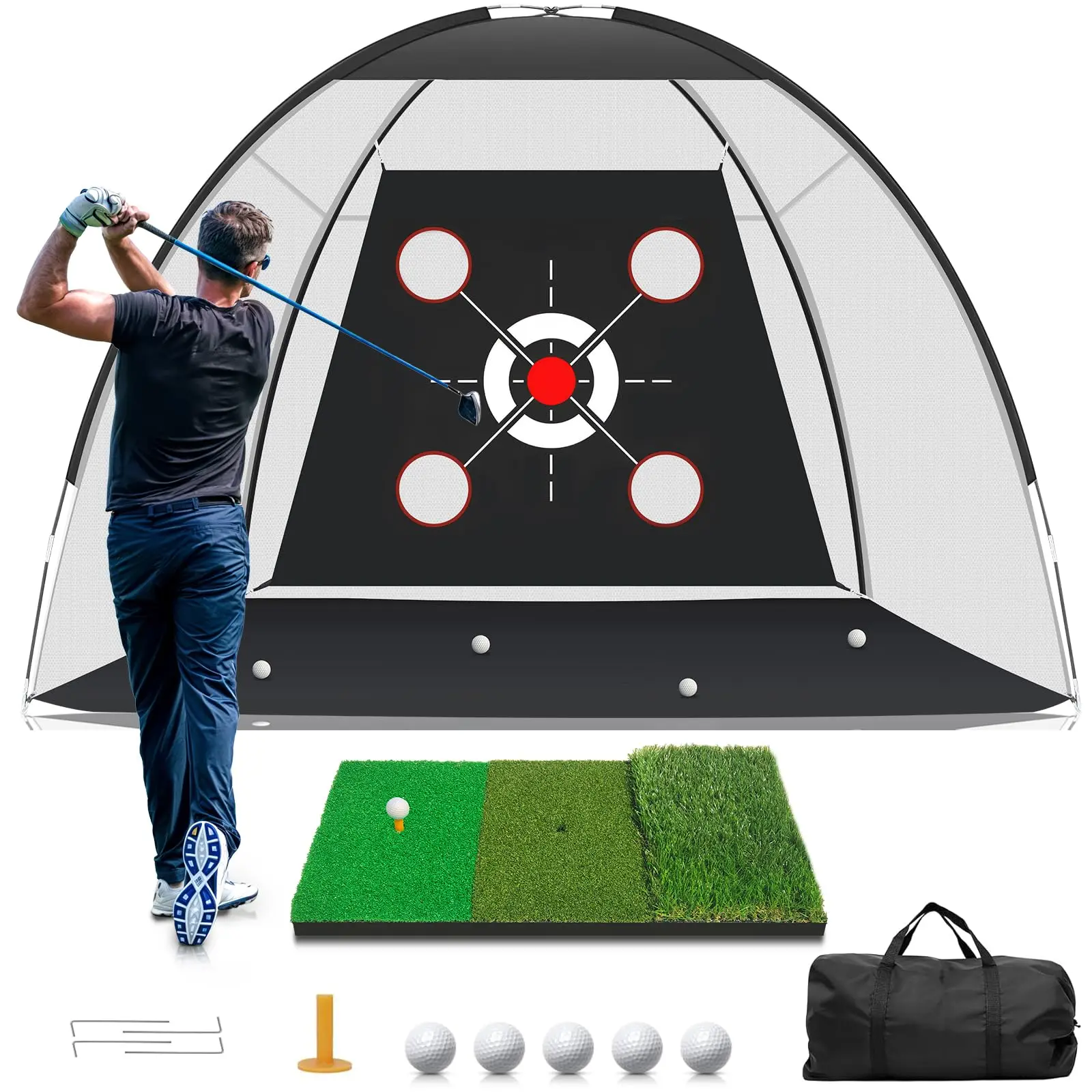 

10x7ft Outdoor Golf Practice Nets Mat All-in-One Backyard Driving Chipping Swing Training with Archery Target Balls Bag