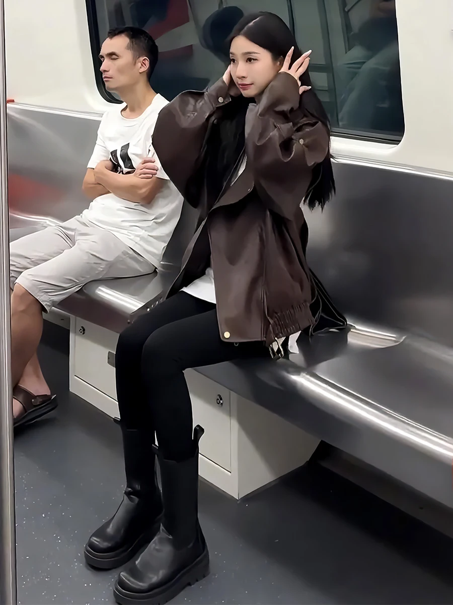 American Retro Leather Jaet Long Sve Stand Collar Women's Coat Irregular Design Spring New Sle High-End Feelings