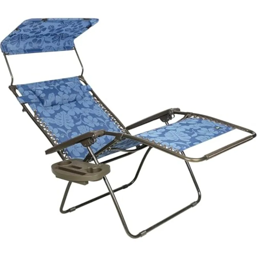 Outdoor lounge chair for patio use, aluminum frame with gray fabric, zero gravity reclining function and adjustable canopy with