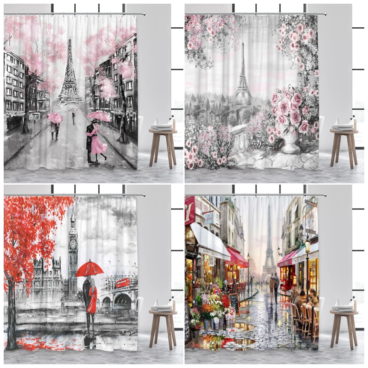 Vintage Paris Tower Shower Curtain Pink Floral Romantic Lovers City Street Scenery Modern Fashion Bathroom Curtains Fabric Decor