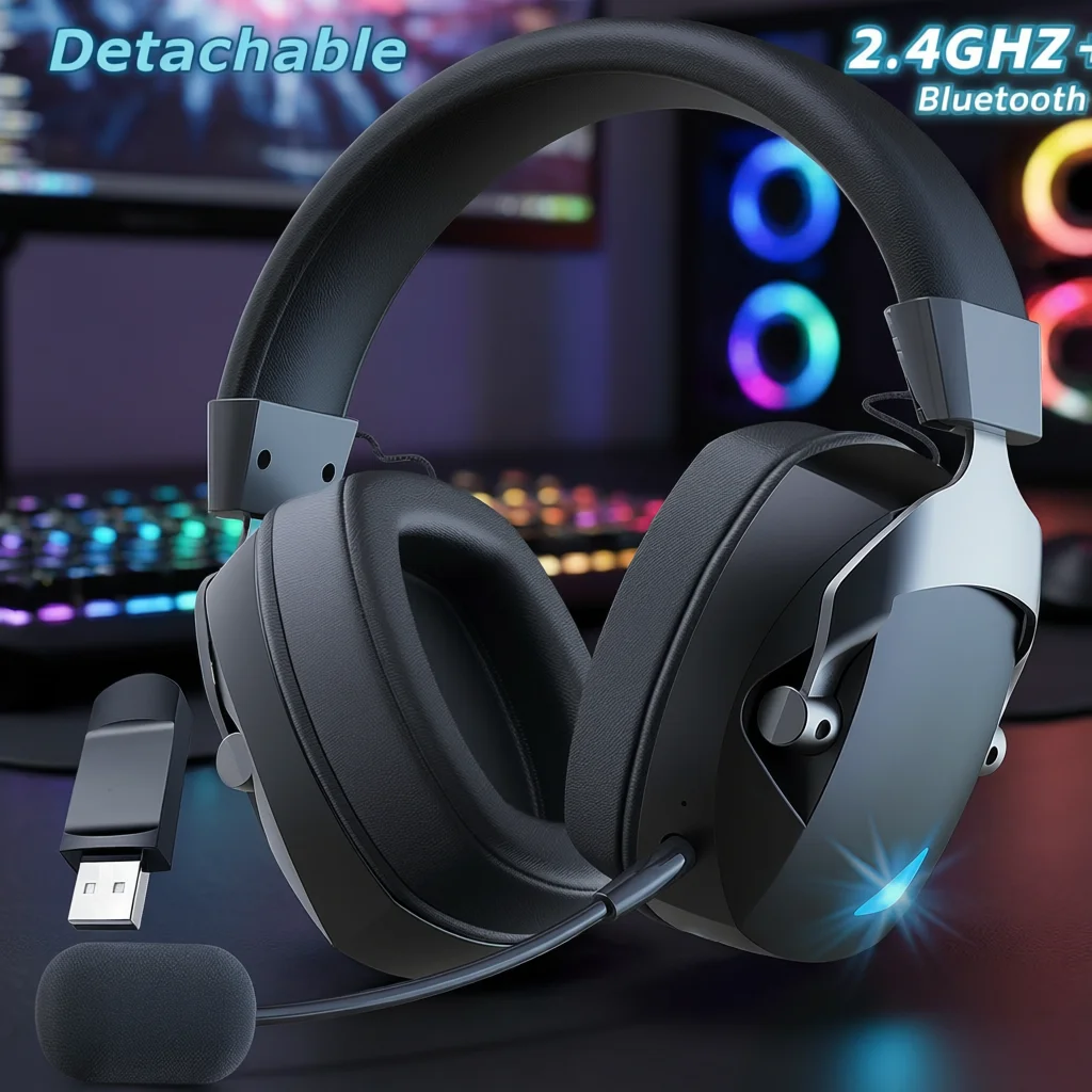 Fone de ouvido para jogos com microfone removível com cancelamento de ruído, entrada com fio 2.4G Bluetooth-USB-3.5mm 3 modos para vários dispositivos