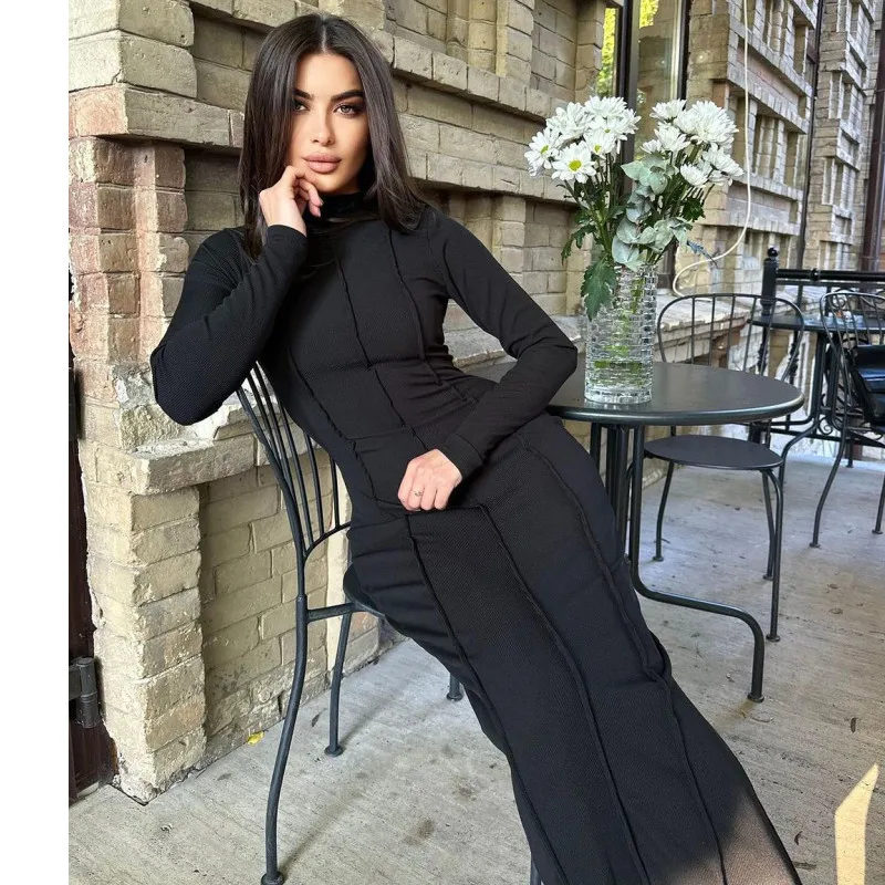 

Solid color tight hip wrap long sleeve temperament knitted dress fashionable simple versatile temperament elegant vacation style