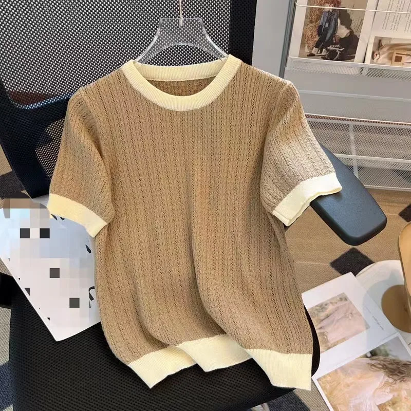 เสื้อยืดถักไหมพรมบางเบา สไตล์ลำลอง ดีไซน์สีตัดกัน ลายฉลุ สำหรับผู้ชายและผู้หญิง ทรงหลวม คอกลม