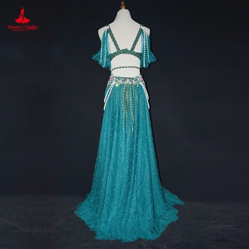 Belly Dance Performance Set for Women Original Team Competition Suit Pearl Bra+long Skirt 2pcs  Customized Belly Dancing Wear