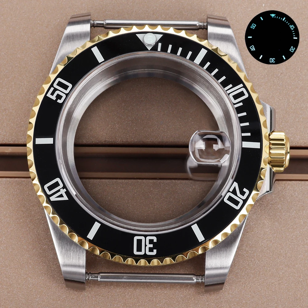 

Silvery Gold 40mm Watch Case Ceramic Bezel Sapphire Waterproof For SUB NH35 NH36 NH38 NH34 Miyota 8215 ETA 2824 28.5mmDial 20ATM
