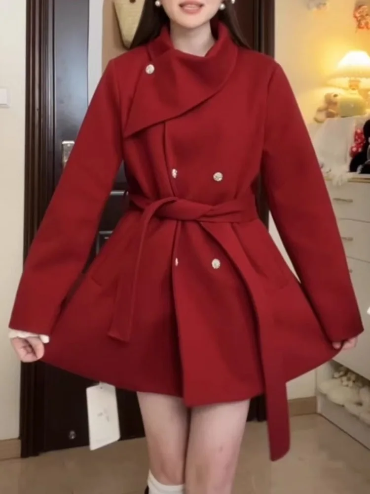 Korean Style Women's Short Woolen Coat Waist-Cinching Black Fall Winter Fashionable Versatile Small Size Friendly Coat