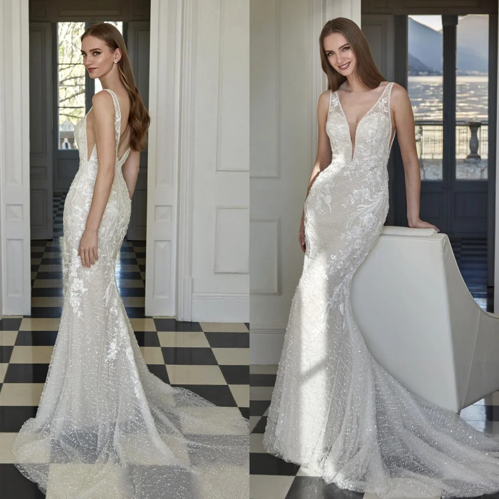 Personalizado elegante branco tule vestido de casamento elegante com decote em v cintas de espaguete festa de noiva delicado sem costas novia
