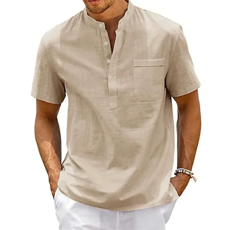 Linen shirt men's Henry collar pocket casual beach short sleeved solid color men's top T-shirt retro streetwear