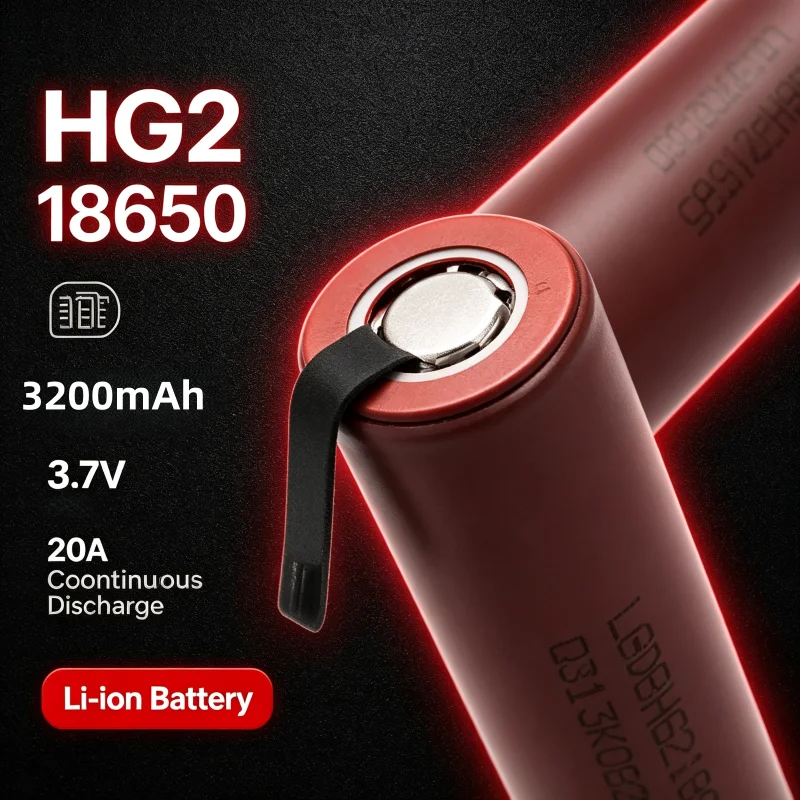 Batteria agli ioni di litio 18650 HG2 3200mAh 3.7V ad alta corrente 20A, con linguette in nichel pre-saldate, facile da assemblare per pacchi batteria fai-da-te, trapani elettrici e scooter.
