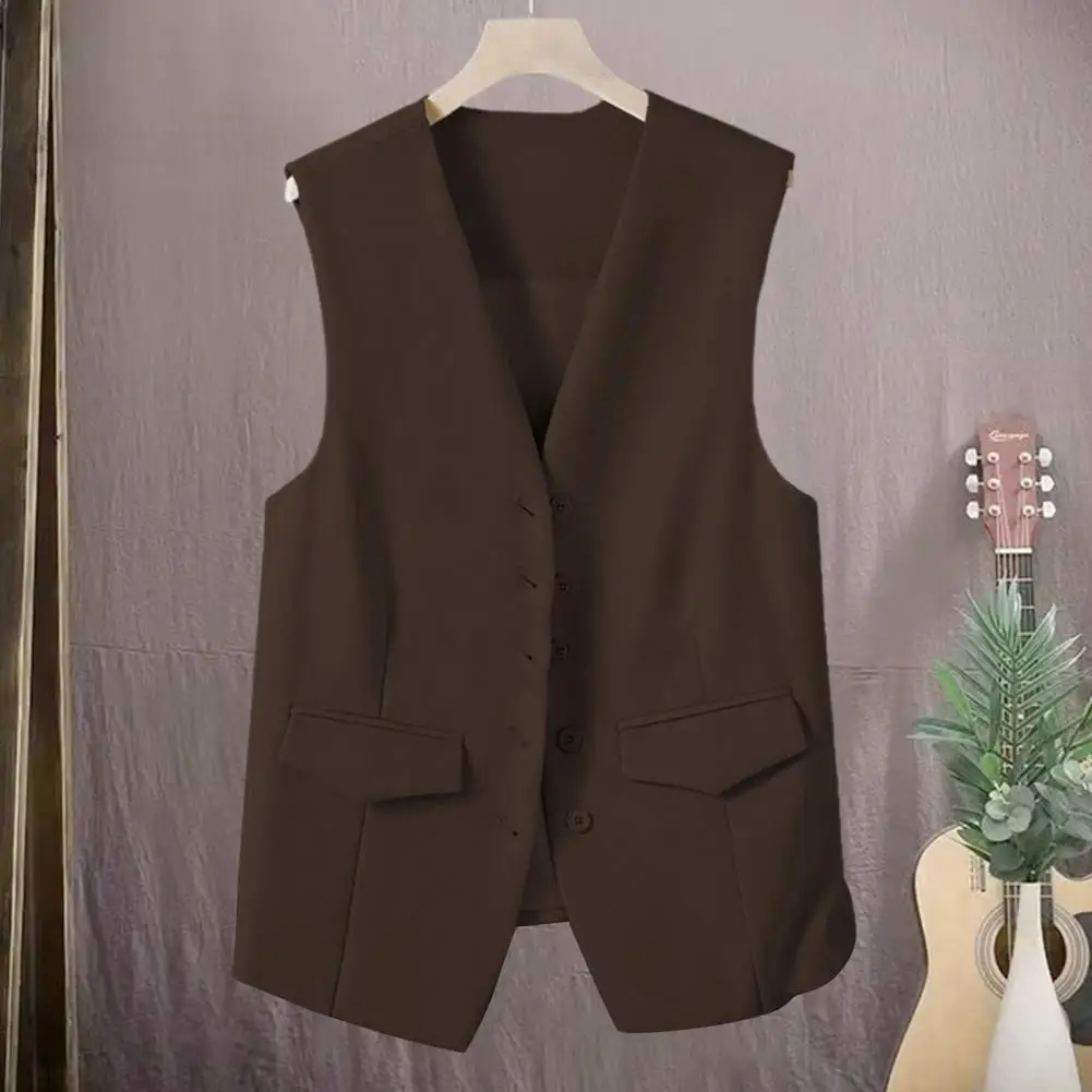 Casual Lady Coat Lightweight Suit Jacket Elegant Women's Single-breasted V Neck Waistcoat with Decorative Pockets for Office