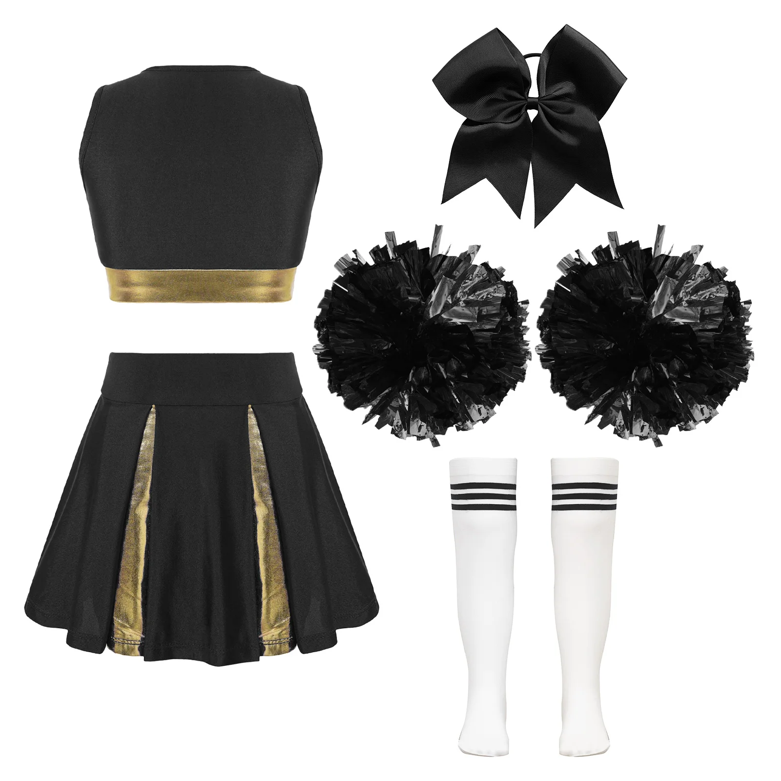 Pompons En Sokken Meisjes Cheerleading Uniform Schoolmeisje Cheerleaders Dans Kostuum Mouwloos Vest Cheerleader Outfit Halloween