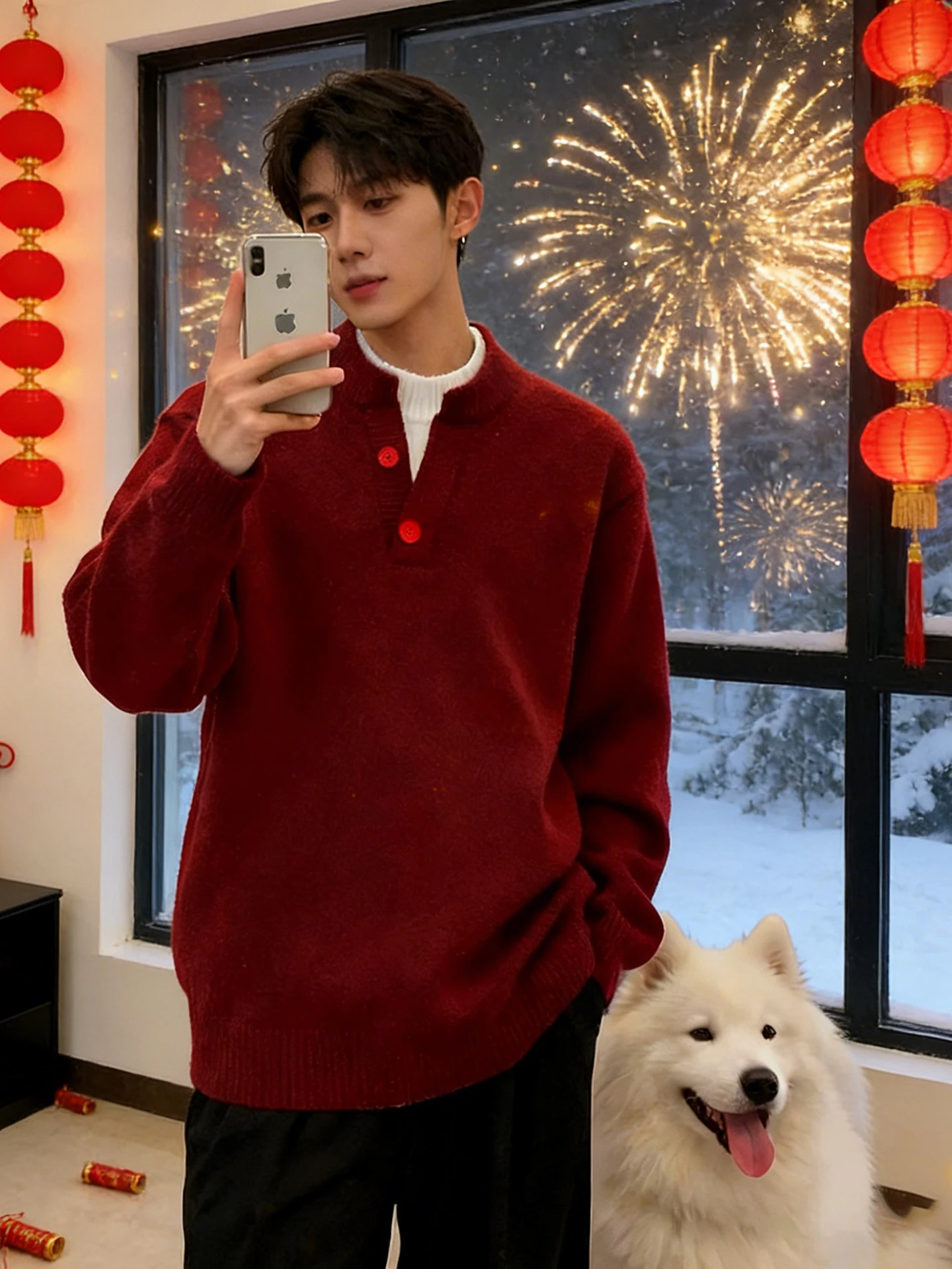 

New Year Celebration Thiened Red Henry Collar Knitwear Men's Winter Base Layer irt Couple's Casual Sle Soft Cotton Sweater
