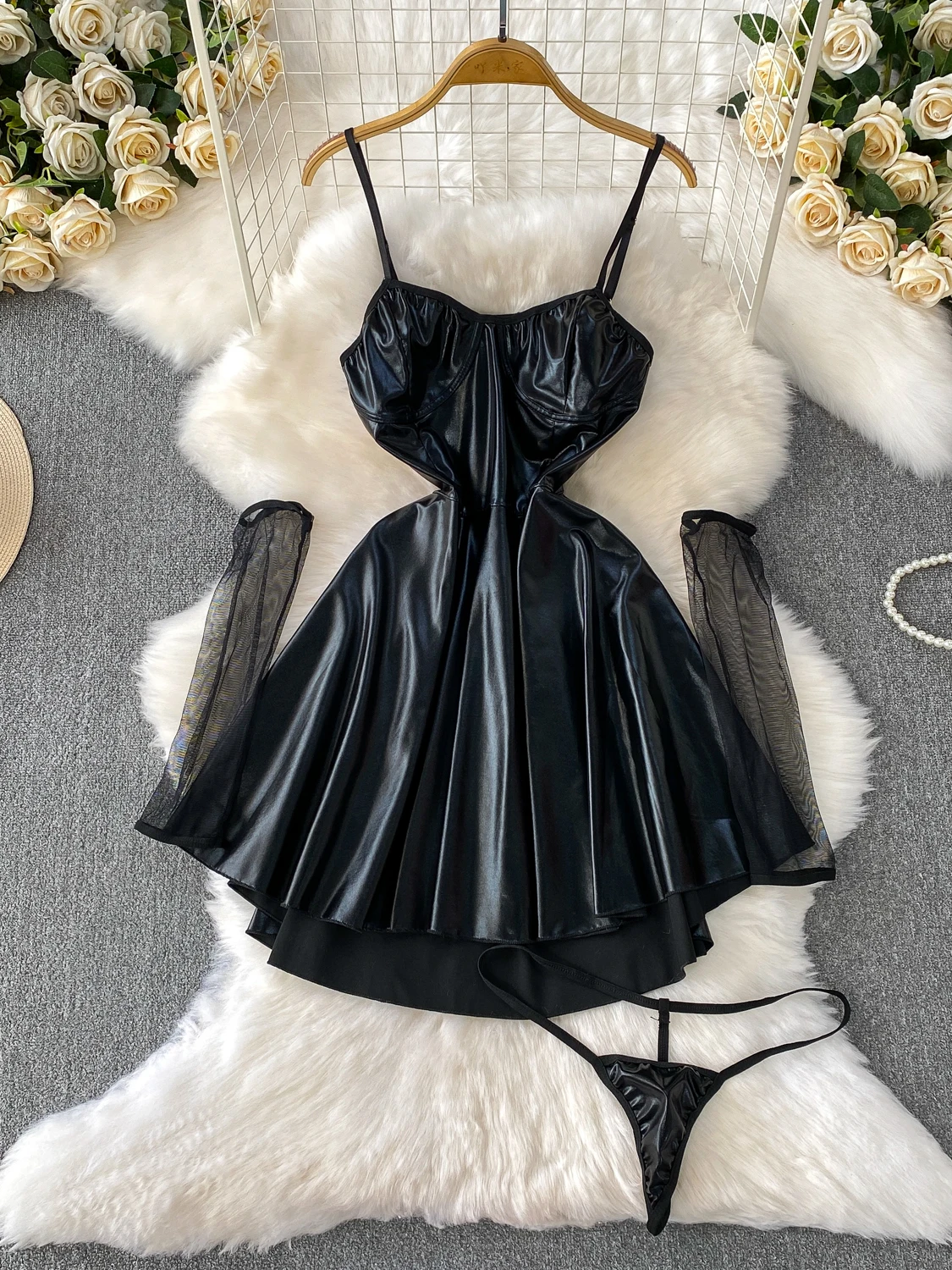 

Ele Sexy PU Leather Strap Dr Women's Summer Slimming High Waist A-Line Skirt Anti-Wrinkle Form-Fitting No-Sve Dr