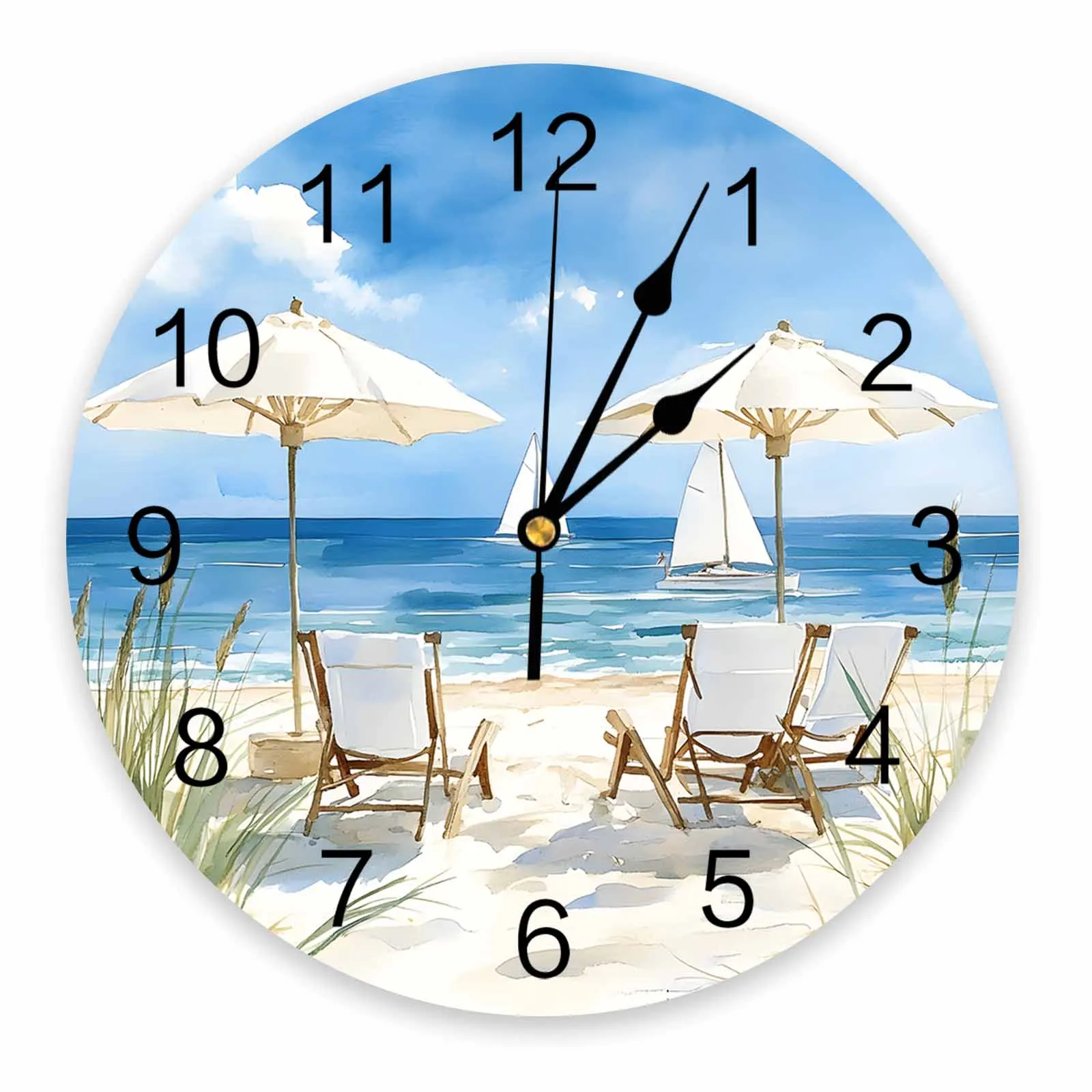

Beach Beach Chair Vacation Painting Clocks Wall Home Decoration Teen Room Bedroom Living Room Decor Wall Clock