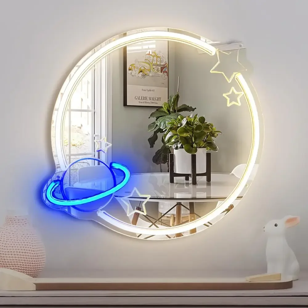 

Неоновая LED-вывеска Planet Mirror с USB-питанием и регулировкой яркости, настенный декор для ванной, спальни, гостиной, подарки на день рождения