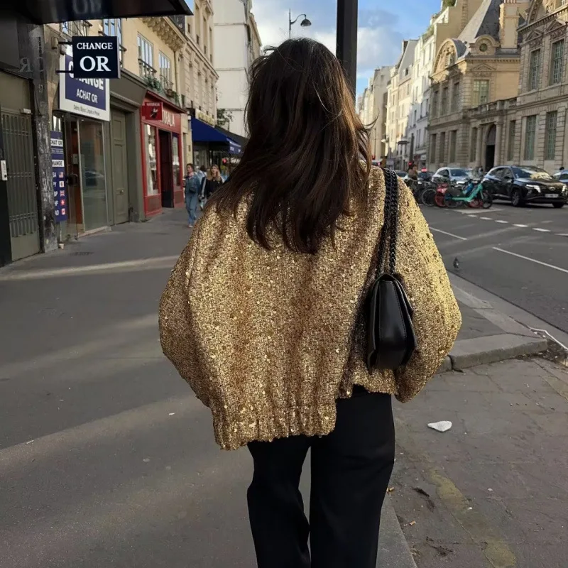 

Осень/зима 2021, новая европейско-американская женская модная однотонная куртка с воротником-стойкой и пайетками, короткая повседневная пикантная куртка для девочек