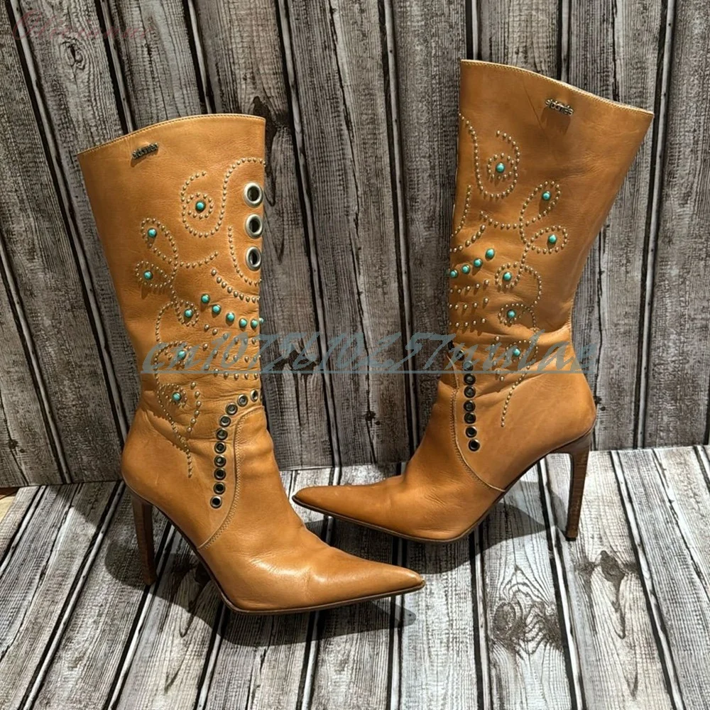 รองเท้าบูทคริสตัลสีน้ำตาลแบบกลวงทรงกลม ส้นเข็มสูงสไตล์เรโทร สำหรับงานปาร์ตี้ รองเท้าผู้หญิงเซ็กซี่ ปี 2026 Zapatos Para Mujere