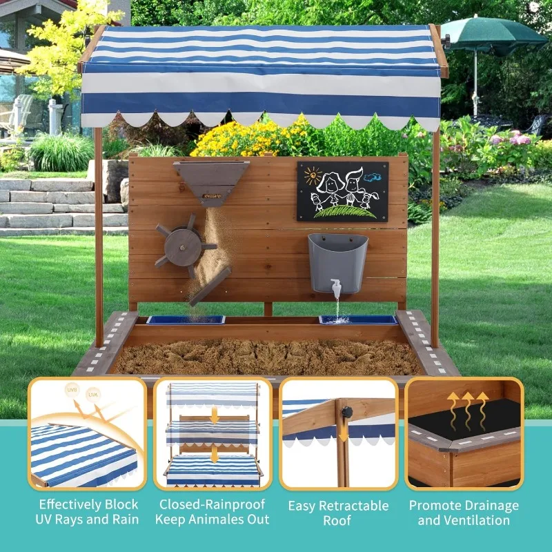 1Pc Large Wooden with Cover Outdoor Sand Box Play Canopy for Backyard Garden Beach Sand Pit for Beach Kids Sand Toys Summer Toys