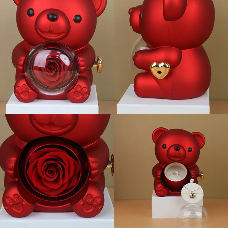 Cute Acrylic Colorful Bear Rose Necklace Earrings Ring Gift Box For Girlfriend Mother Wife Valentine Christmas Romantic Gifts