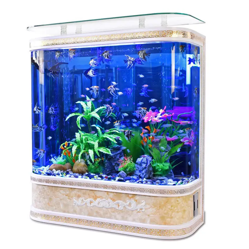 Aquarium en verre debout au sol semi-transparent, salon commun, bel aquarium semi-transparent