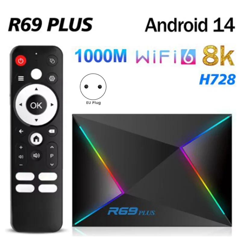 B50B-For Android14 R69 Plus Tv Box H728 Wifi 6 IPTV HD 8K Smart Octa-Core ARM Cortex A55 5G Bluetooth 1000M Top Box EU-PLUG