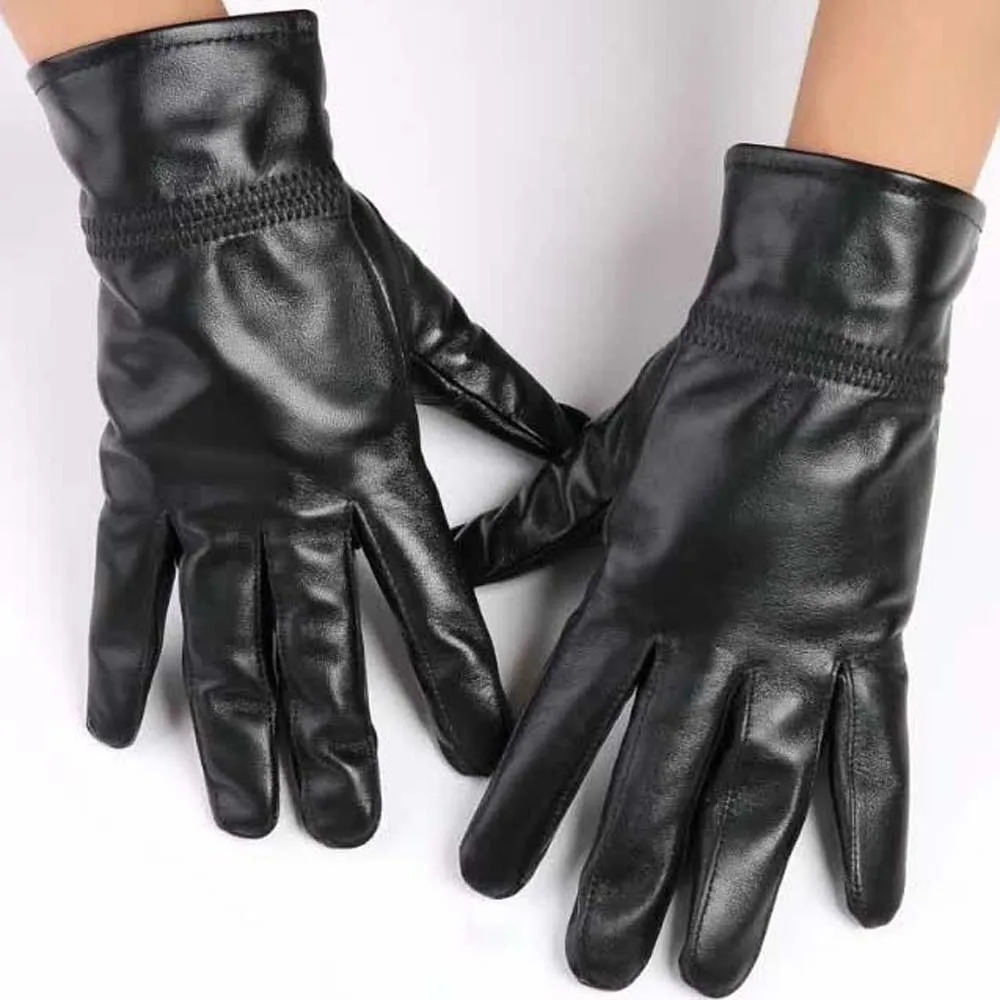 

1pair Soft PU Anti-cold Gloves Solid Color Waterproof Men Finger Mittens Adjustable Warmer Black Thickened Gloves Cycling