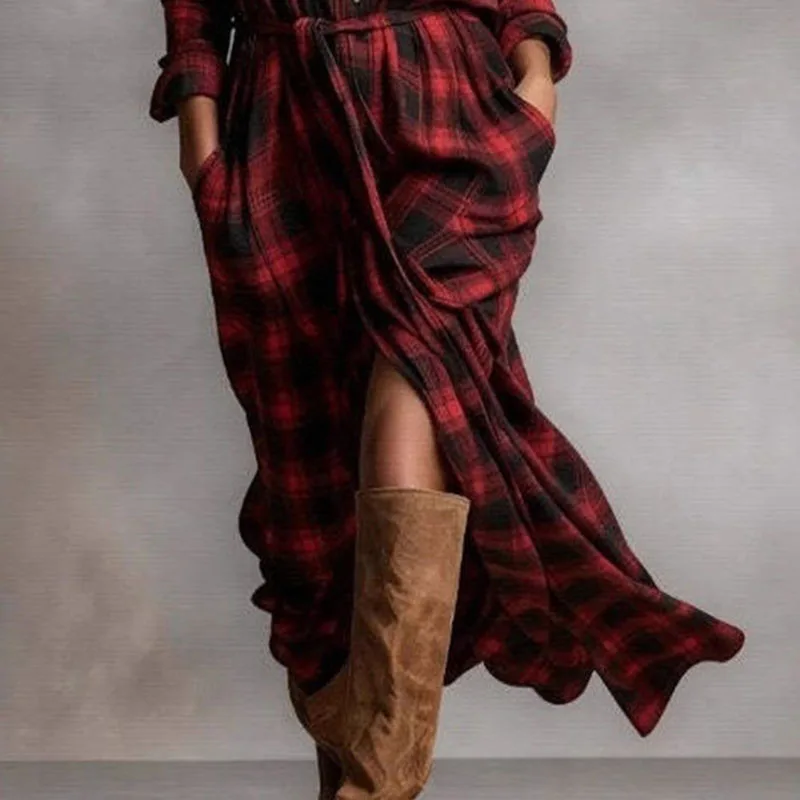 New Retro Plaid Print Loose Split Long Dresses Elegant Turn-down Collar Button Shirt Dress Woman Casual Long Sleeve Autumn Dress
