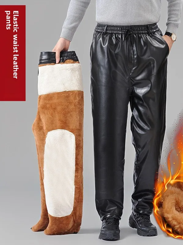 Thickened Fleece Leather Pants for Men High Waist Straight Leg Motorcycle Riding Warm Windproof Waterproof plus Size Casual T...