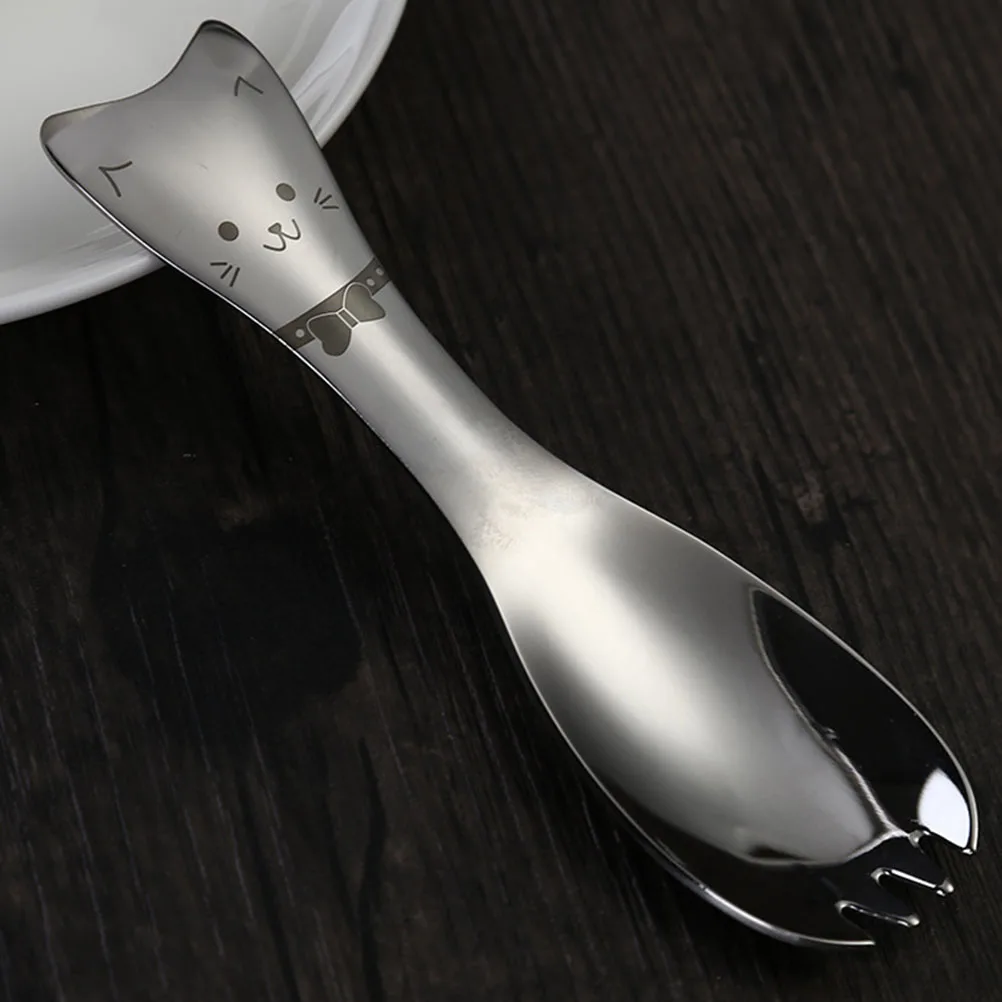 

3 Pcs Stainless Steel Cat Spoon Fork Set Ice Cream Salad Kids Cutlery Elegant Family Restaurant Use Serving Utensils